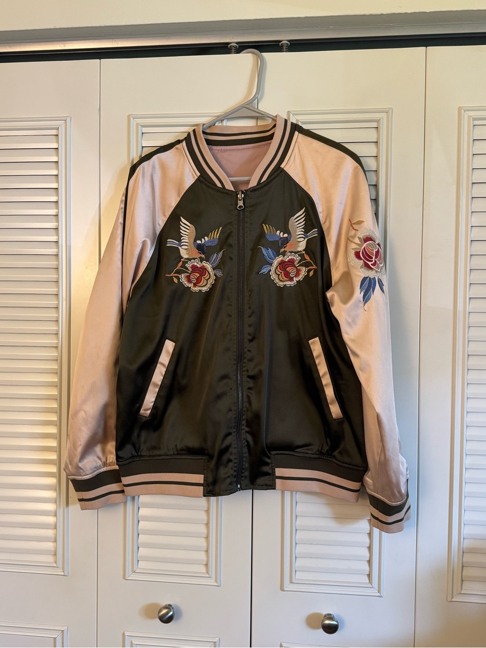 Express Green & Off White Reversible Embroidered Sukajan Bomber Jacket Medium